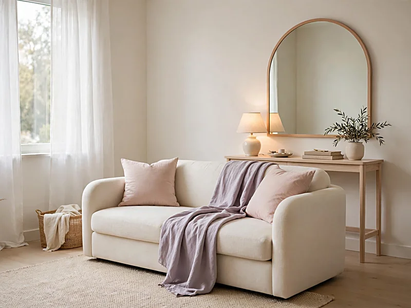 Soft feminine apartment living room with cream seating, blush pink pillows, lavender throw, and curved mirror.