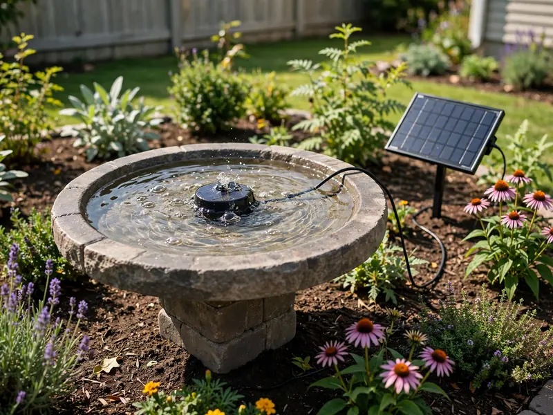 Solar-powered birdbath fountain with a gentle bubbling pump and small solar panel in a sunny garden.