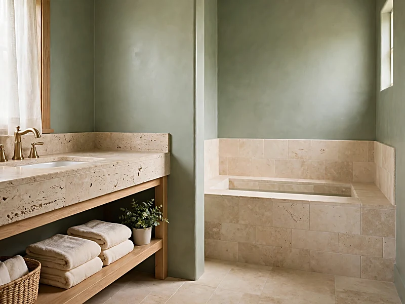 Spa-inspired sage green bathroom with oak vanity, pale stone-look tiles, warm lighting, and cream towels.
