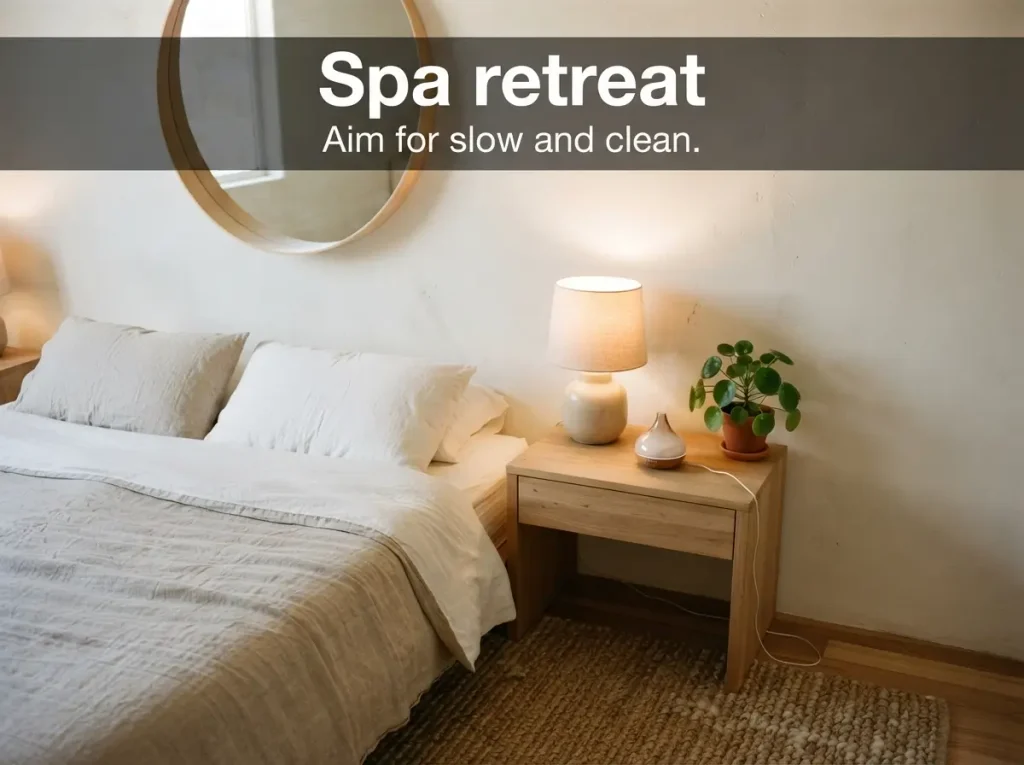 Spa retreat bedroom with linen bedding, sand and pale green tones, and a dimmable lamp
