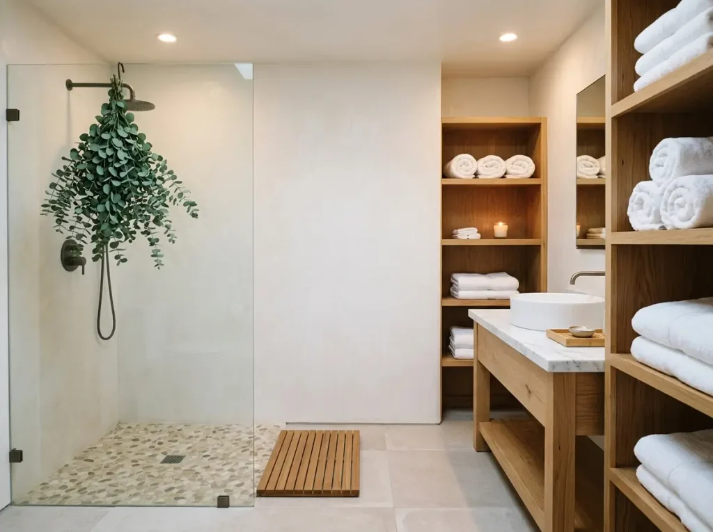 Spa style bathroom with pebble floor shower, teak mat, hanging eucalyptus, and a marble top vanity