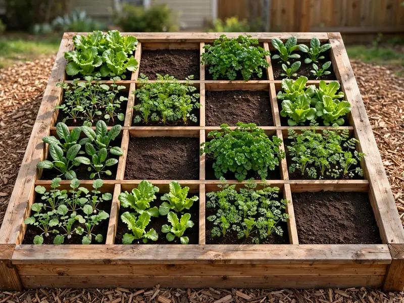 Square-foot vegetable garden with a sixteen-section planting grid containing lettuce, radishes, and herbs.