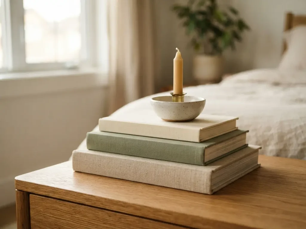 Stack of three hardcover books with spines turned inward and a small ceramic bowl on top
