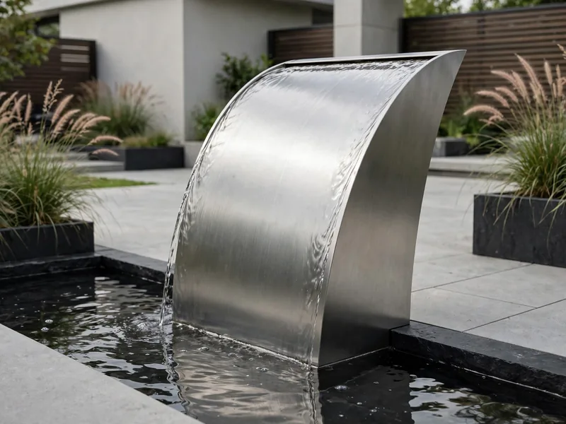 Curved stainless steel fountain with water flowing into a narrow basin on a modern patio.