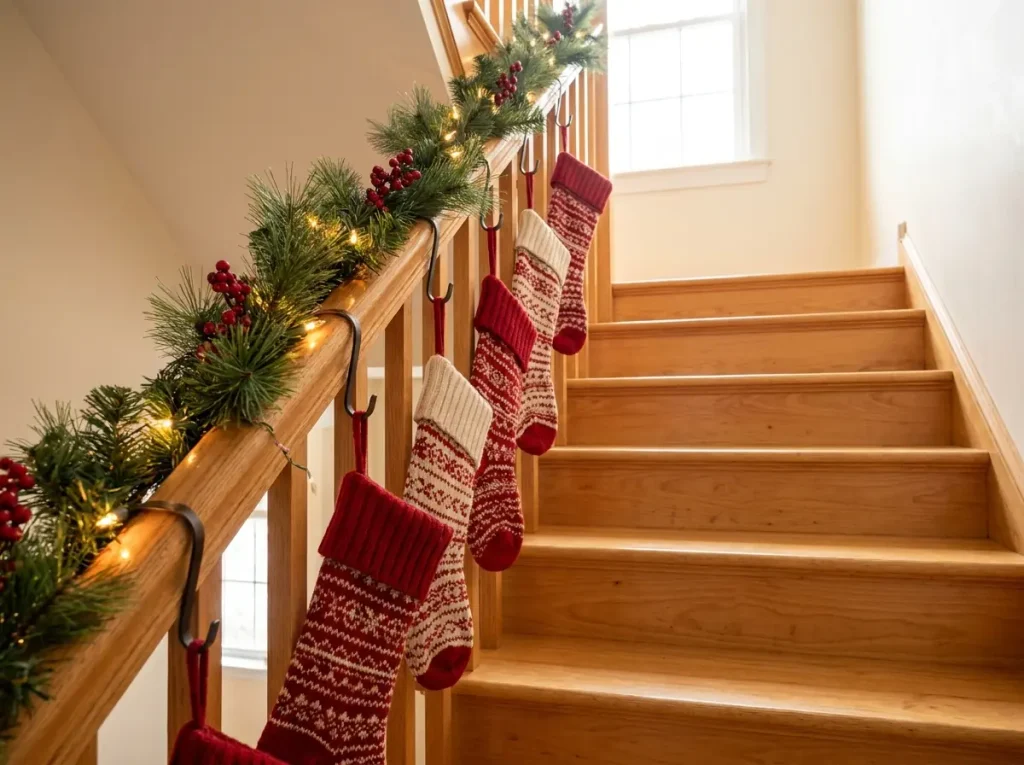 Staircase banister wrapped in fresh garland with stockings hung from the rail and red berries