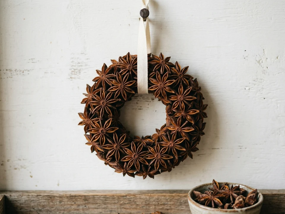 Star anise wreath made on a wire hanger with a ribbon loop