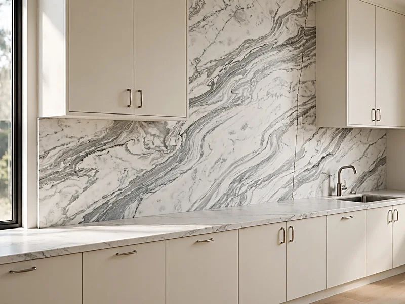 Kitchen with cream cabinets and a dramatic white marble backsplash featuring bold gray veining.