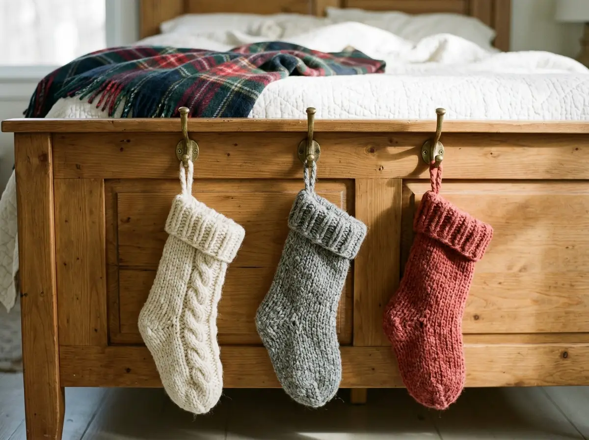 Chunky knit Christmas stockings hanging from a bed footboard