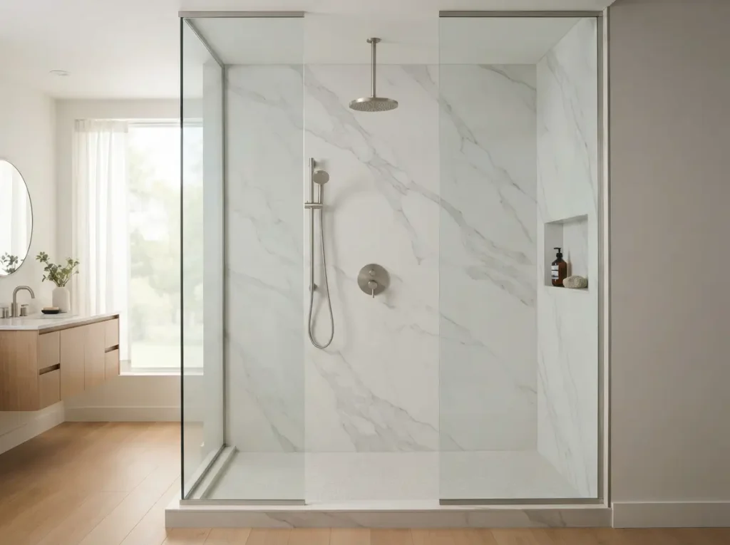 Shower walls clad in large porcelain slabs that look like veined marble
