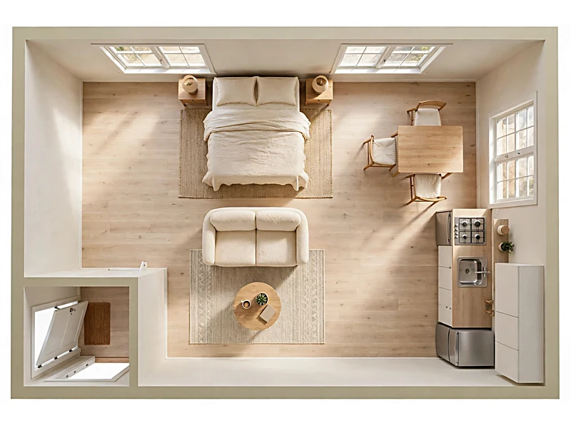 Overhead studio apartment layout showing separate sleeping, seating, and dining areas with an open route between them.