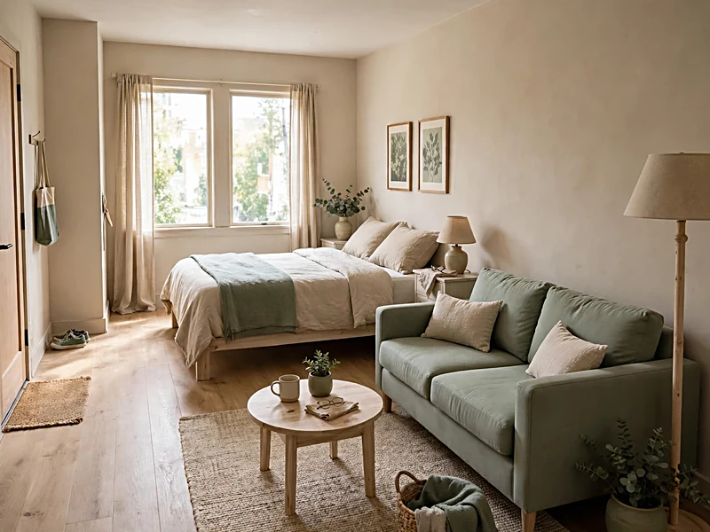 Studio apartment with a bed in one corner and a separate sofa seating area defined by a rug.
