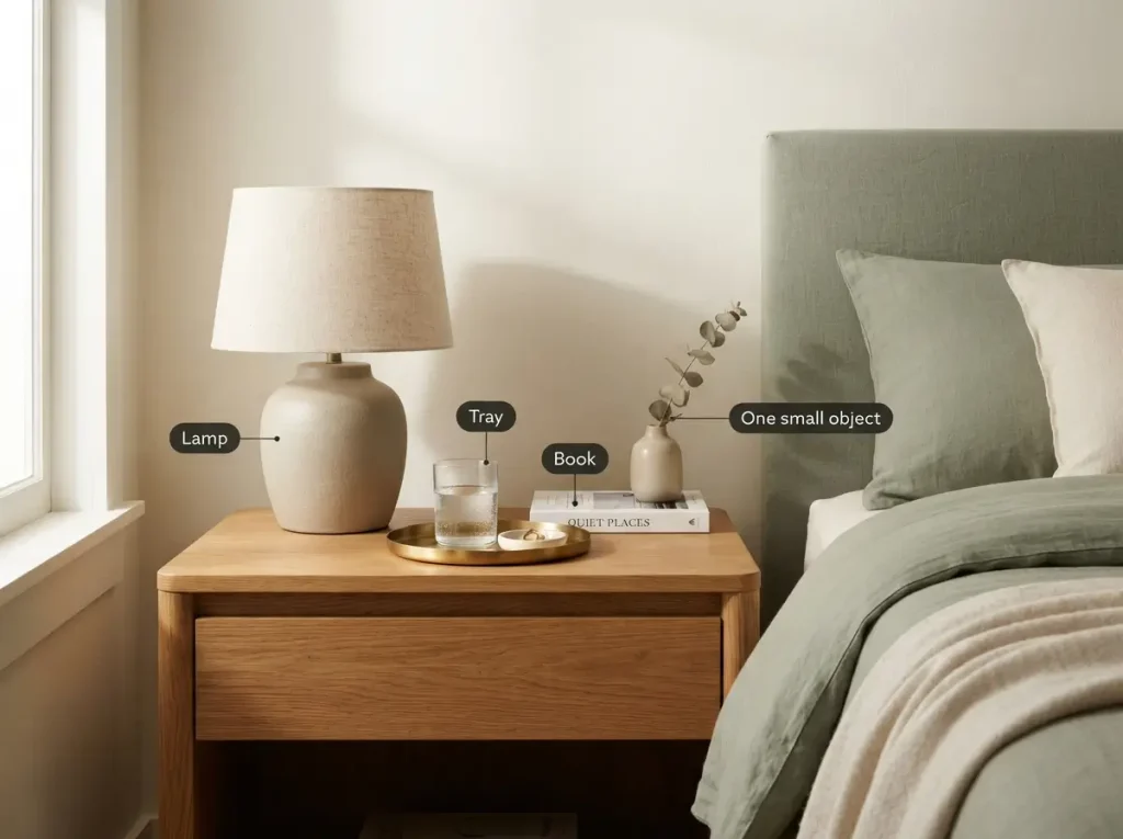 Wood nightstand styled with a ceramic lamp, a small brass tray, one book and a bud vase
