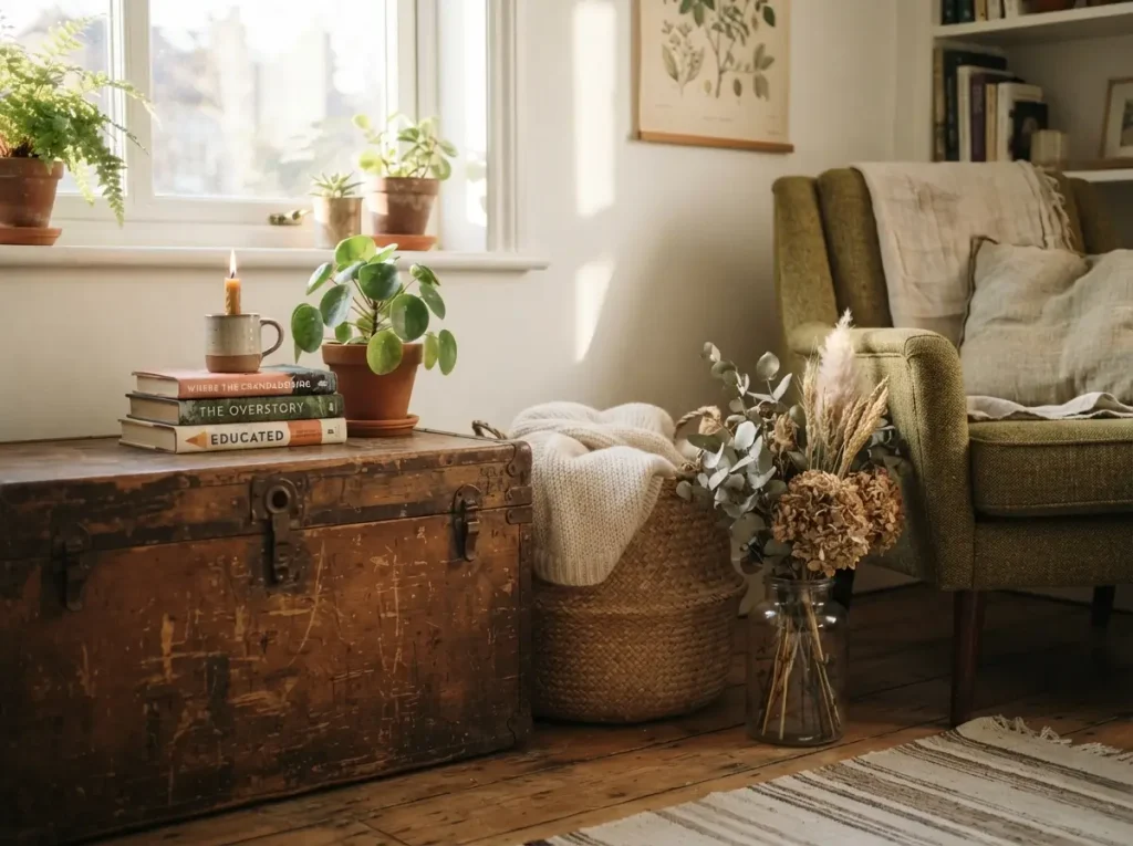 Room corner styled with a secondhand trunk, stacked books, candle, basket, and dried stems
