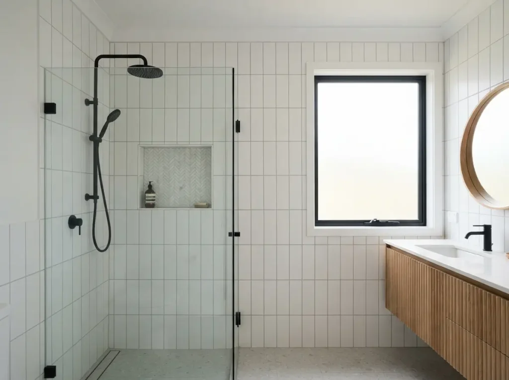 Vertical stack white subway tile wall that makes a bathroom ceiling look taller
