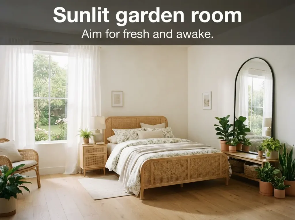 Sunlit garden bedroom with sheer curtains, plants, cane furniture, and a large mirror
