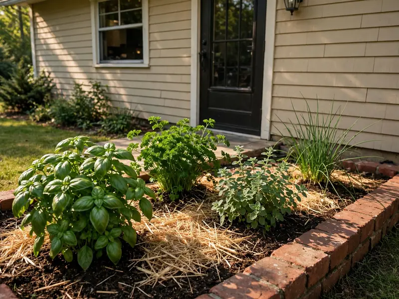 Small in-ground herb garden with basil, oregano, parsley, and chives beside a sunny backyard kitchen entrance.
