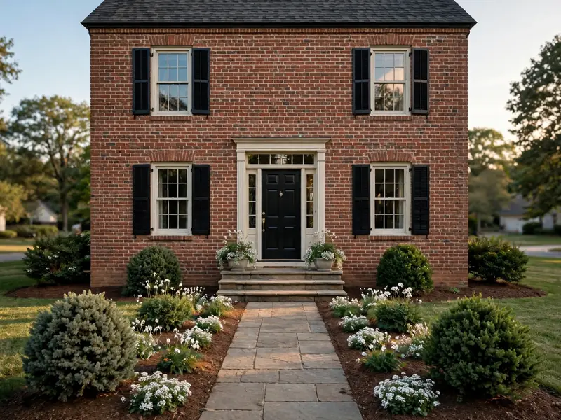 Traditional brick home entrance with matching evergreen shrubs, balanced planting beds, and a straight walkway.