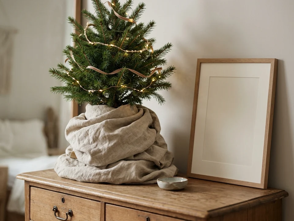 Small tabletop Christmas tree raised on a cloth covered stack of books