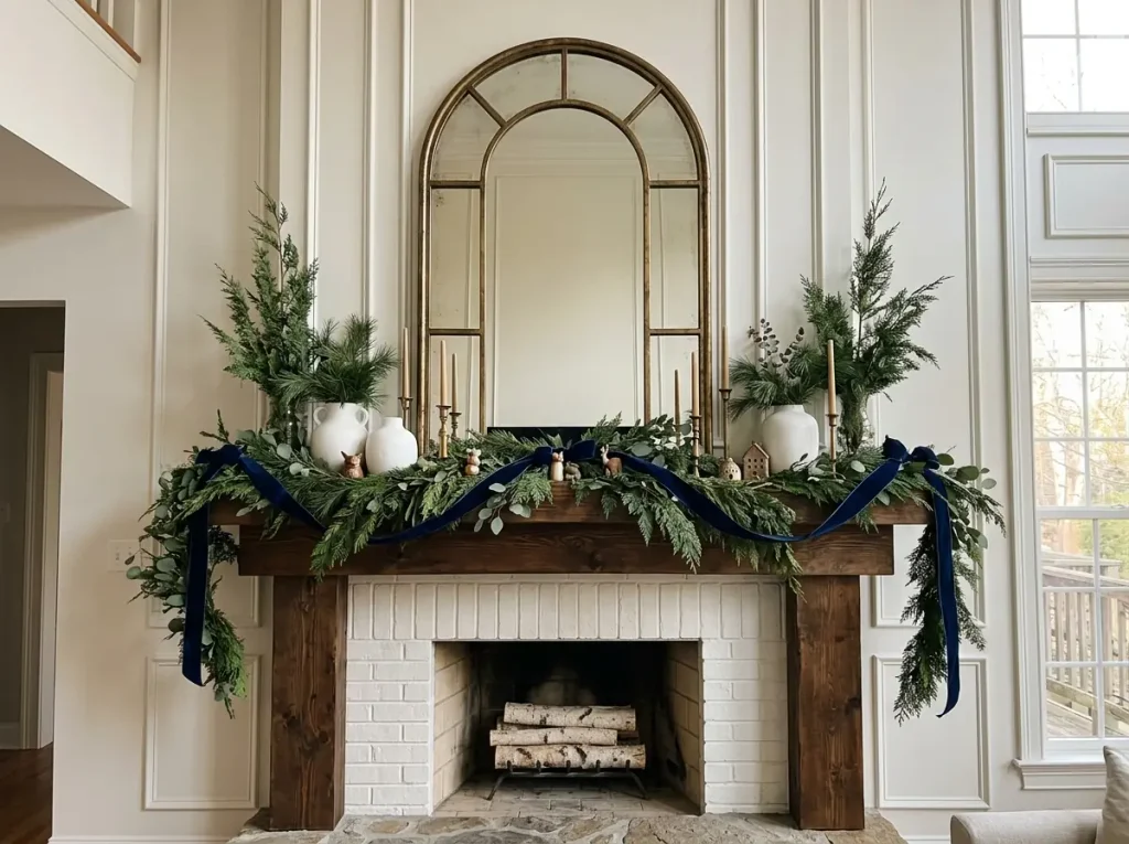 Mantel styled tall with evergreen sprigs, wide garland, velvet ribbon, and candlesticks at varied heights