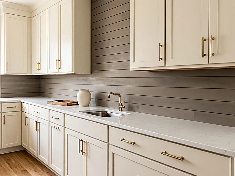 Taupe horizontal shiplap backsplash with cream cabinets, white countertops, and brushed brass pulls.