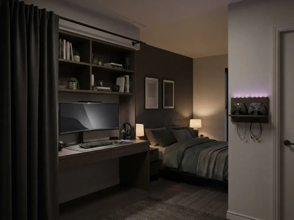 Teen bedroom with a gaming zone along one wall and a curtain that closes at bedtime
