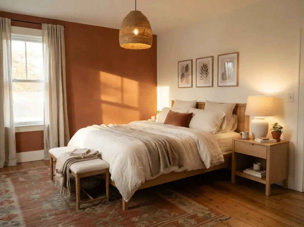 Warm terracotta wall behind a bed with cream bedding and a wood nightstand
