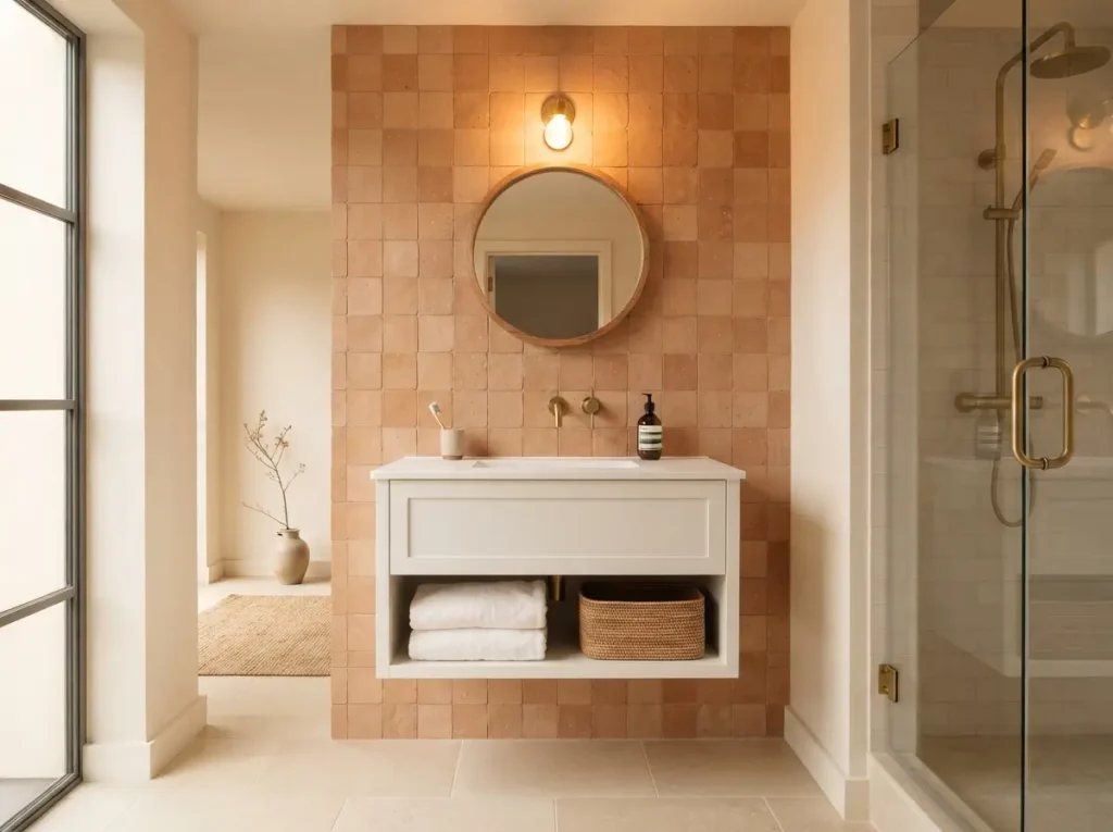 Bathroom with clay toned terracotta tile on one wall and white towels
