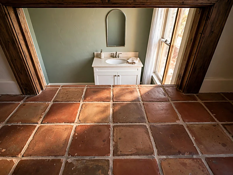 Bathroom with warm terra-cotta floor tiles, olive green walls, cream sink, and wood vanity.