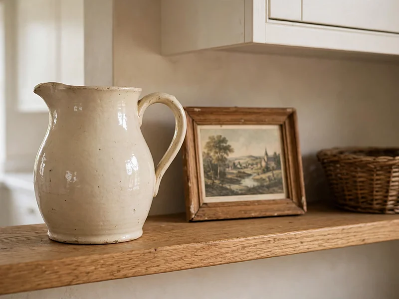 Secondhand ceramic pitcher and vintage framed artwork displayed on a wooden kitchen shelf.
