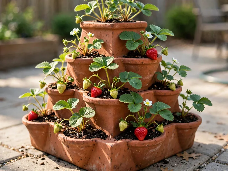 Tiered terracotta strawberry planter with green leaves, white flowers, and ripe red strawberries on a sunny patio.