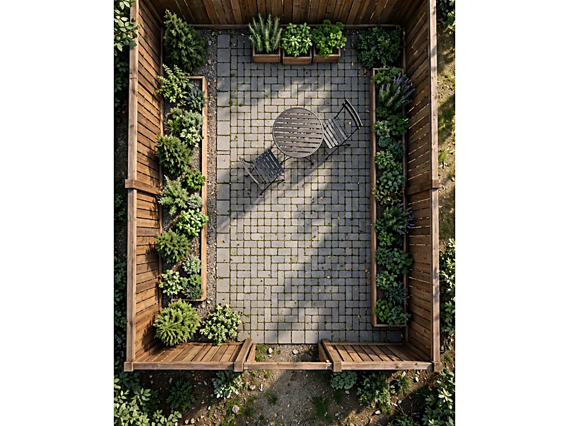 Overhead garden layout showing a small bistro table, two chairs, slim boundary planters, and a clear entrance.