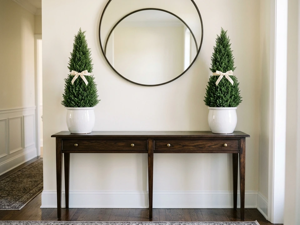 Pair of matching cone topiary trees with bows on an entry console
