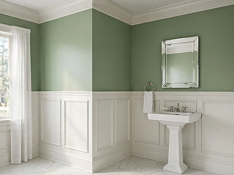 Traditional bathroom with forest green walls, white paneled cabinets, classic molding, and nickel fixtures.