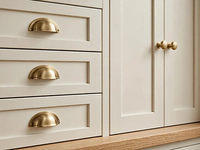 Cream Shaker cabinets with brushed brass cup pulls on drawers and round knobs on doors.