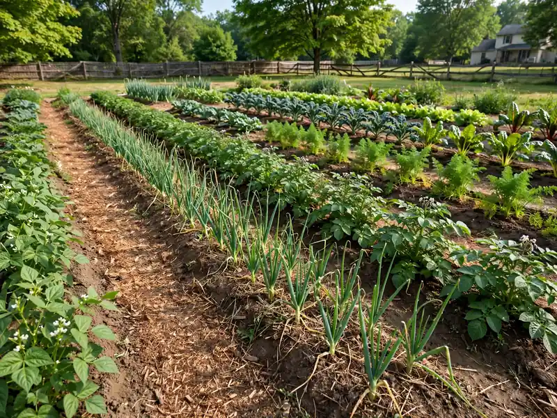 Traditional backyard vegetable garden with straight planting rows and mulched walking aisles.