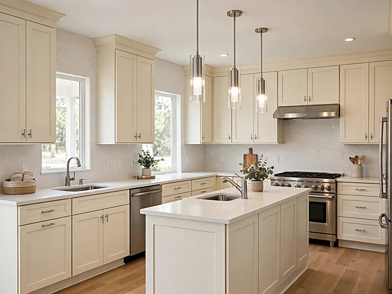 Transitional kitchen combining cream Shaker cabinets, quartz countertops, simple pendant lights, and oak flooring.