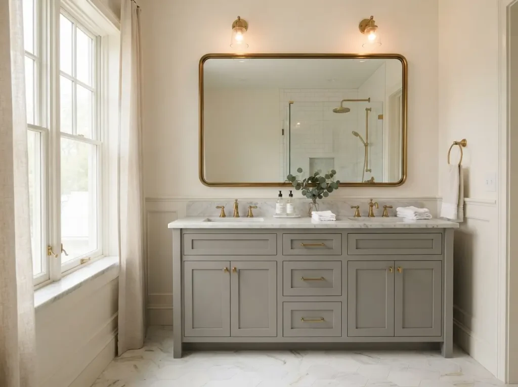 Transitional bathroom with marble countertop and brass fixtures