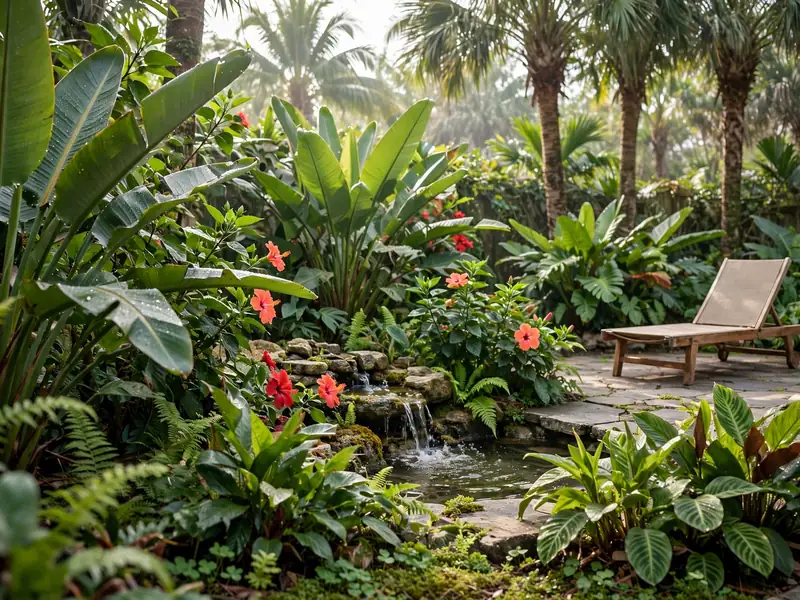 Lush tropical backyard garden with palm trees, hibiscus flowers, bird of paradise plants, and a natural stone patio.