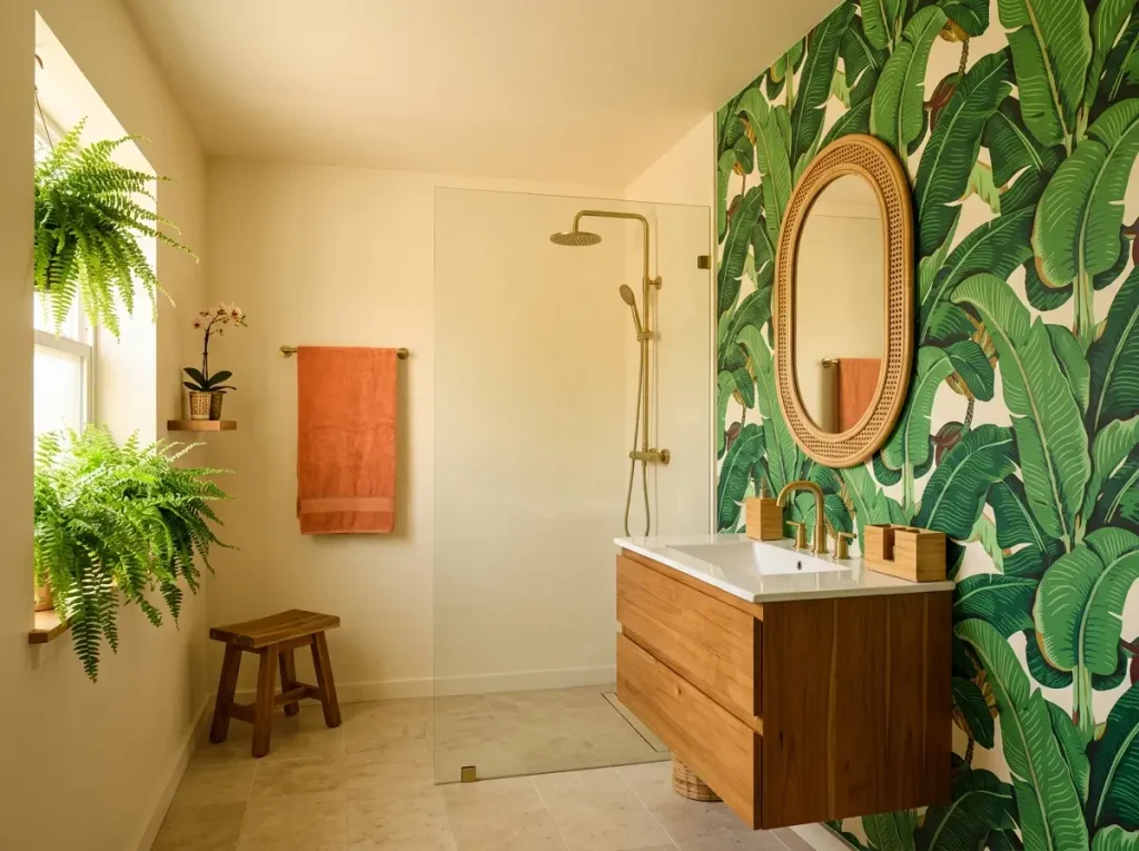 Tropical bathroom with large leaf wallpaper, rainfall shower, teak stool, and ferns by a window