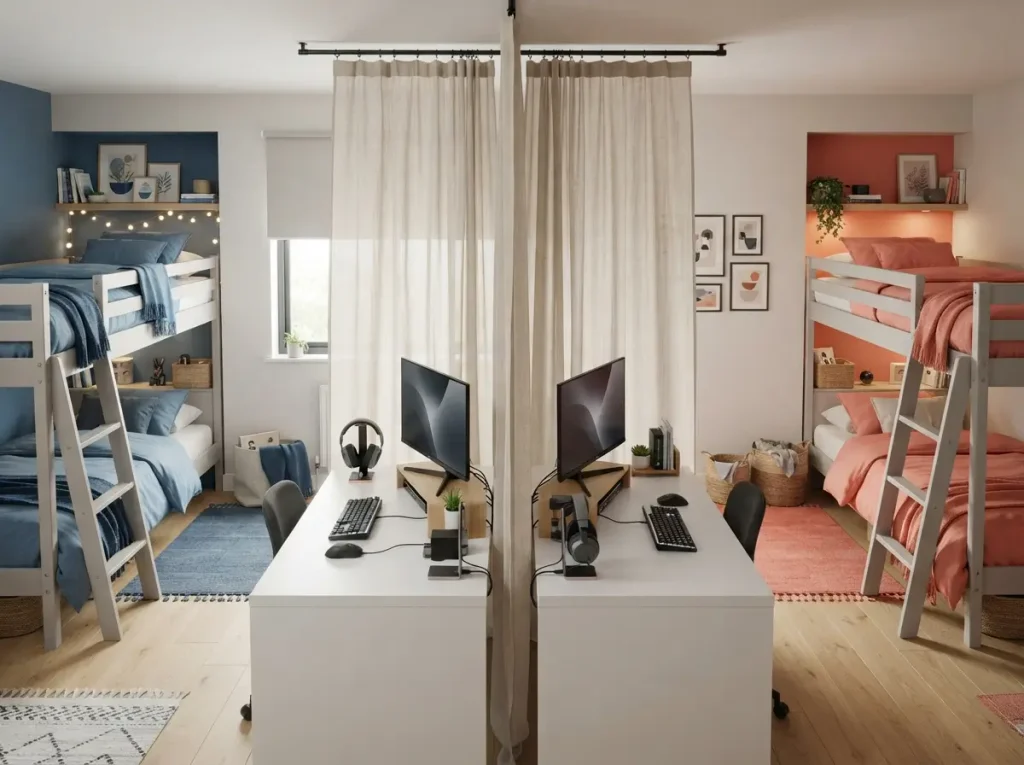 Two desks placed back to back with a curtain between them in a shared kids bedroom
