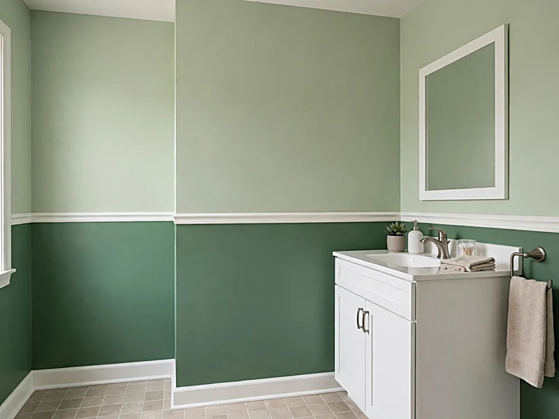 Two-tone bathroom walls with dark olive green lower paneling and pale sage upper walls.