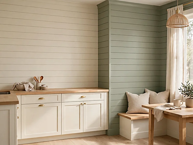 Kitchen with cream shiplap backsplash and muted green shiplap on an adjoining accent wall.