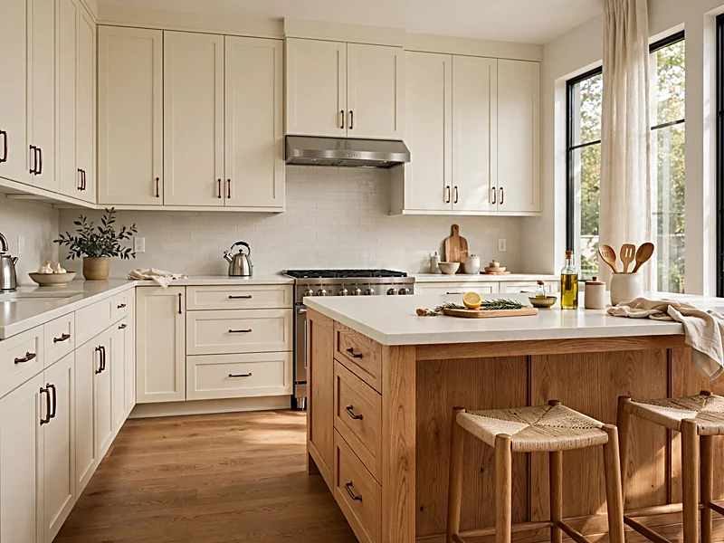 Two-tone kitchen with cream perimeter cabinets and a natural white oak island.