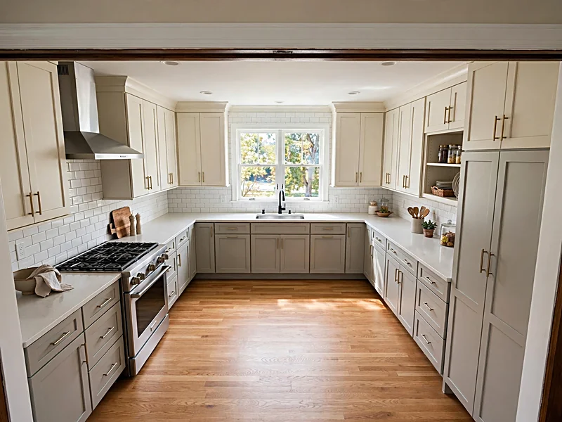 U-shaped kitchen with cabinets on three sides and an open central workspace.