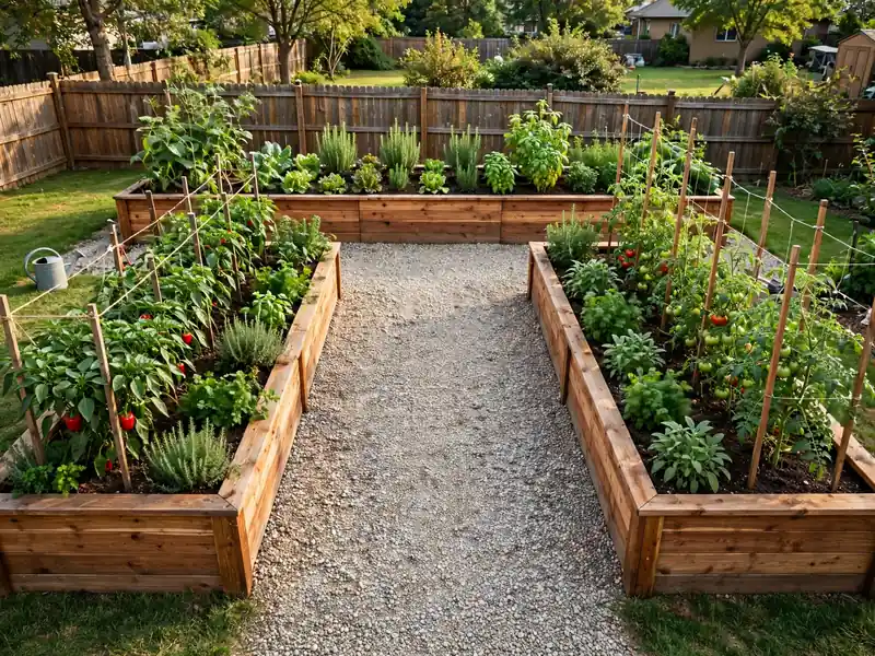 Three wooden vegetable beds forming a U shape around an open central work area.