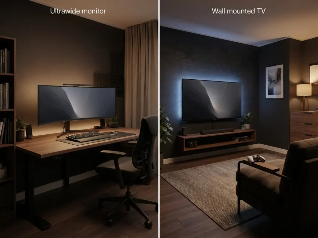 Ultrawide monitor on a desk compared with a wall mounted TV for console play in a bedroom
