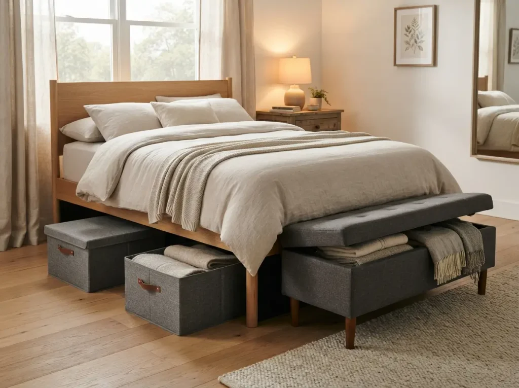 Bed with lidded fabric storage bins pulled from underneath and a storage bench at the foot
