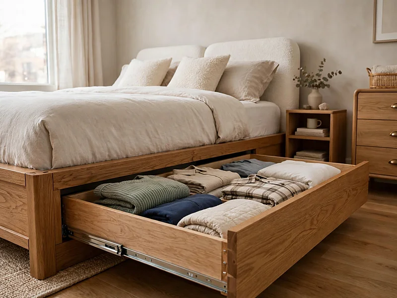 Condo bedroom with an open under-bed drawer holding neatly folded clothes and bedding.