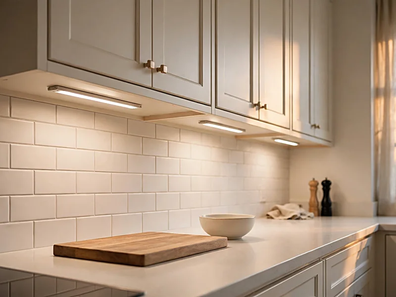 Warm LED lighting beneath kitchen cabinets illuminating a clean food preparation counter.
