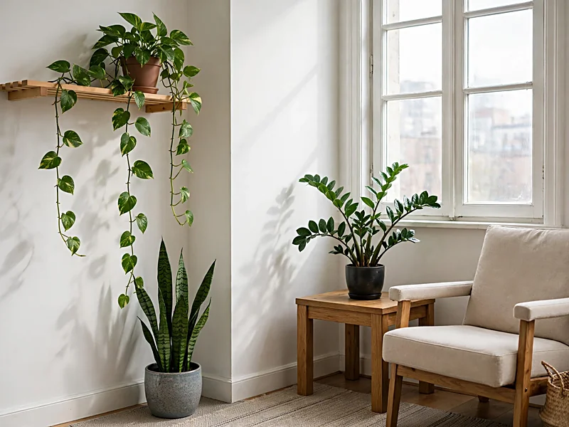 Plant-filled apartment corner with pothos, snake plant, ZZ plant, and natural wood shelving near a window.
